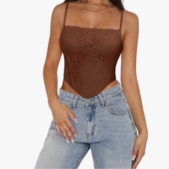 Women’s Trendy Lace Strap Zip Back Boned Bustier Corset Tank With Built In Bra - Picture 3 of 8